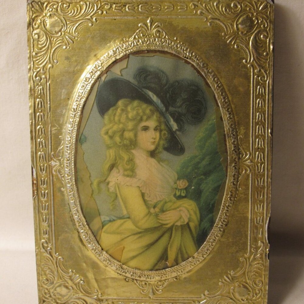 old Gold Gilted metal on wood picture of a Fair Lady- 4"x5.5" Oval